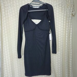 (NEW) ASTR the Label Ribbed Bustier Dress w Long Sleeve Shrug Black Size M